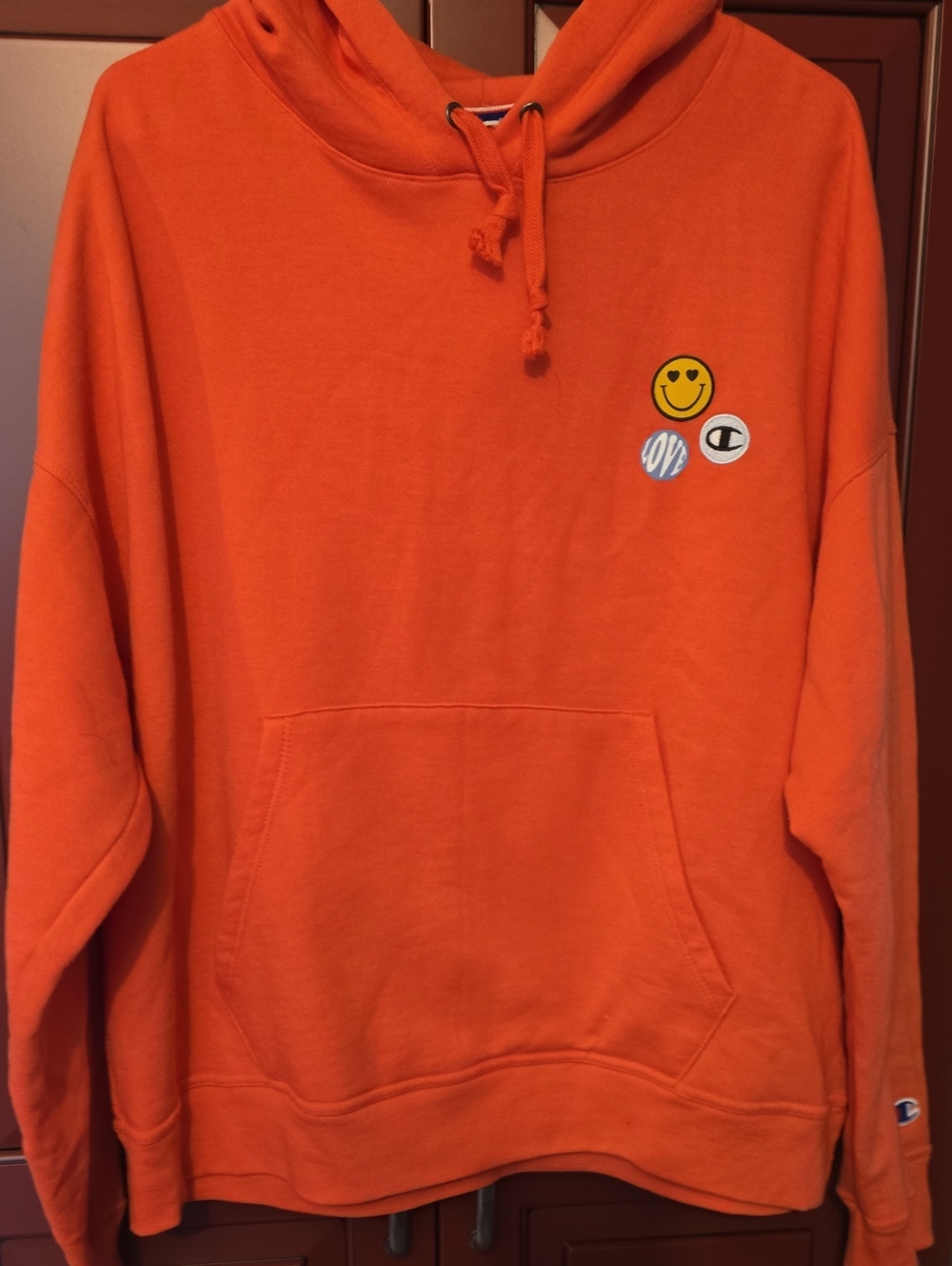 Champion Orange Crewneck Hoodie with Smiley Patch